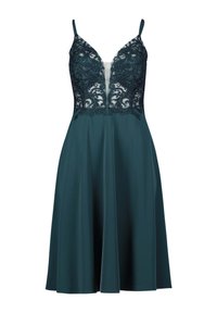 Turkusowa sukienka z dopasowanym gorsetem, ozdobiona misterną koronką i detalami z koralików, głębokim dekoltem w kształcie litery V oraz rozkloszowaną spódnicą o gładkiej fakturze.