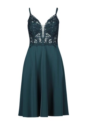 Teal Kleid mit tailliertem Oberteil, das aufwendige Spitze und Perlendetails aufweist, tiefem V-Ausschnitt und einem schwingenden Rock mit glatter Textur.