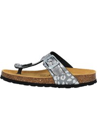 Sandalia tipo chancla gris con diseño de estampado de leopardo, plantilla de corcho, tira texturizada, hebilla plateada ajustable y suela de goma negra.