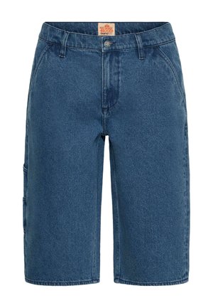 Blaue Denim-Shorts knielang mit Vorderentaschen, Gürtelschlaufen, Knopfverschluss und einem Sunny Moody Markenetikett am Bund.