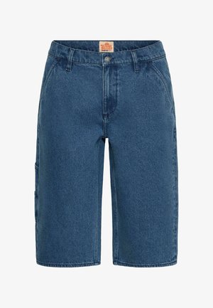 Blaue Denim-Shorts knielang mit Vorderentaschen, Gürtelschlaufen, Knopfverschluss und einem Sunny Moody Markenetikett am Bund.