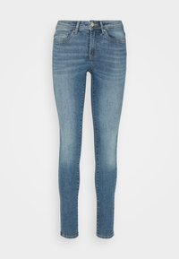 Skinny blue jeans made of denim, featuring a classic five-pocket design, a front button closure, and a slightly faded texture.