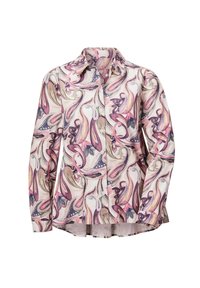 Button-up shirt with a floral and abstract pattern in purple, pink, green, and cream. Made from lightweight fabric; long sleeves, standard collar.