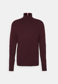 Burgunderfarbener Rollkragenpullover mit langen Ärmeln, gerippten Bündchen und kleinem Flaggenlogo auf der Brust, mit gestreiftem Detail innen am Kragen.