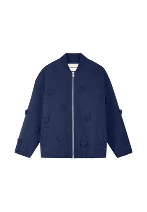 Navy blue zip-up bomber jacket with raised heart-shaped patches scattered across front and sleeves, ribbed collar and elastic hem.