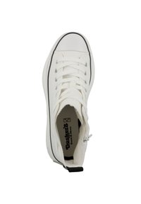 White canvas sneaker with black accents, round toe, and contrasting black sole. Features lacing system and logo on the insole.