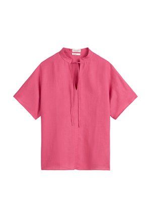 Short-sleeve pink linen shirt with a band collar and a front slit, featuring a tie detail at the neckline. Smooth texture.