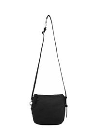 Borsa crossbody nera con texture, chiusura a zip, tracolla regolabile e un piccolo logo. Presenta una forma compatta e arrotondata.