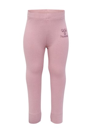 Lyserøde leggings lavet af strækbar bomuldsblanding, med en elastisk talje og et lille logo på nedre venstre side.