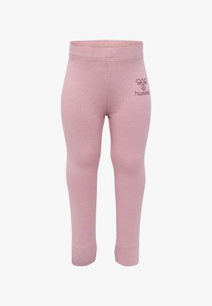 Lyserøde leggings lavet af strækbar bomuldsblanding, med en elastisk talje og et lille logo på nedre venstre side.