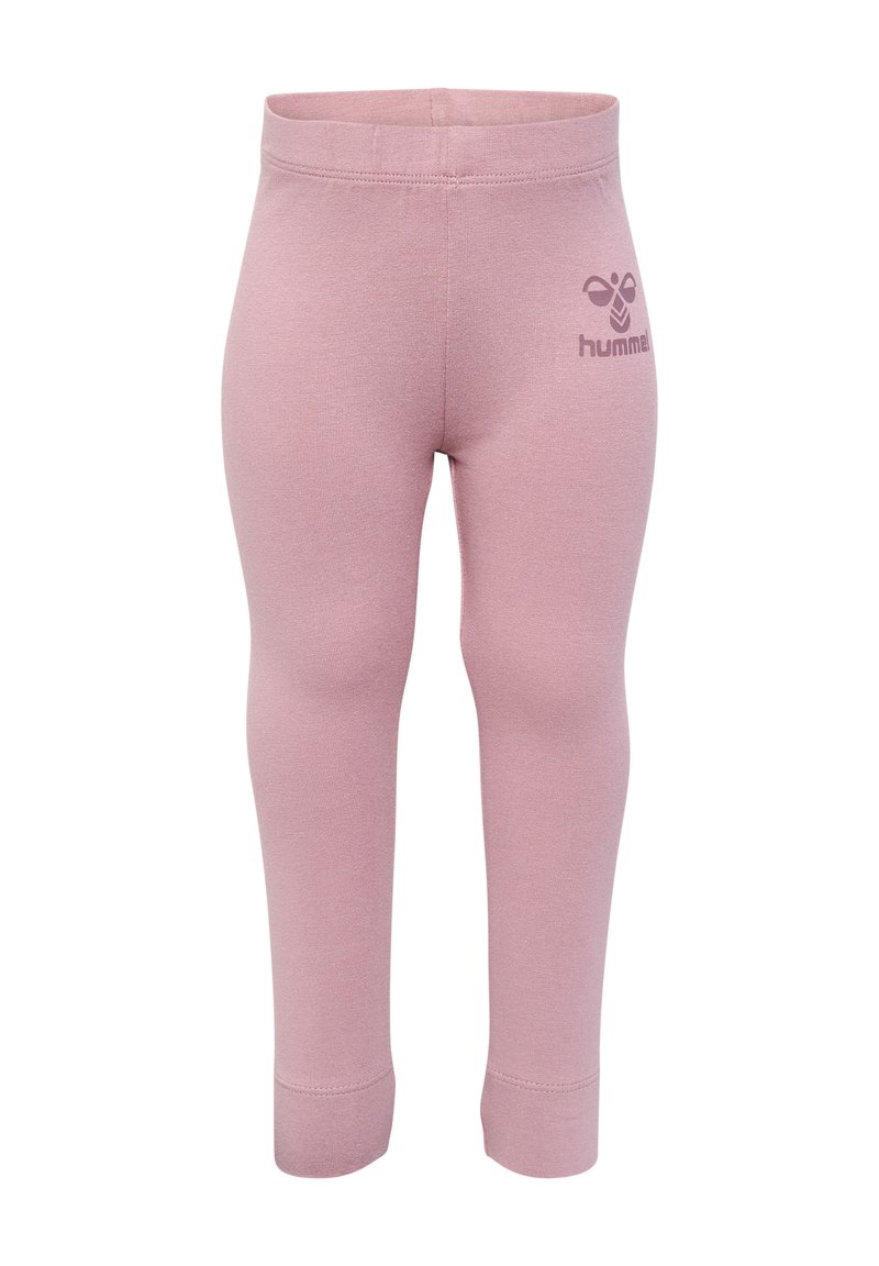 Helle rosa Leggings aus einem dehnbaren Baumwollmischgewebe, mit einem Taillenbund und einem kleinen Logo auf der unteren linken Seite.