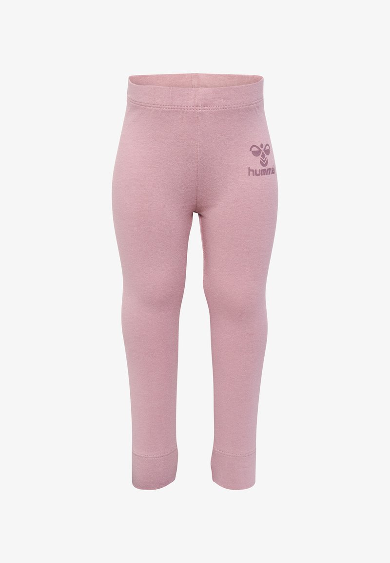 Helle rosa Leggings aus einem dehnbaren Baumwollmischgewebe, mit einem Taillenbund und einem kleinen Logo auf der unteren linken Seite.