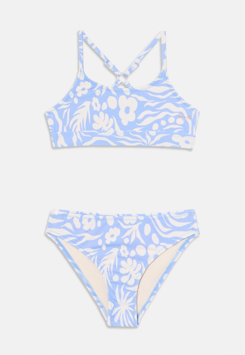 Svetle modrý bikini set s bílými květinovými a vlnitými vzory. Vrchní díl má design se zkříženými ramínky; spodní díl má klasický střih s bočními detaily.
