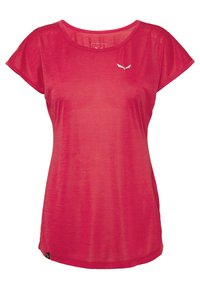 Lyhythihainen, pyöreäkauluksinen t-paita kirkkaan vaaleanpunaisena, valmistettu kevyestä, pehmeästä kankaasta, jossa on hienovarainen kiilto; rintakehässä pieni valkoinen logo.