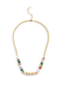 Gold chain necklace featuring colorful beads, white and brown accents, and gold letter cubes spelling "COACH." Adjustable clasp included.