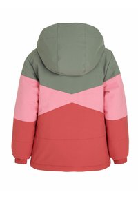 Veste à blocs de couleurs avec capuche, fabriquée dans un tissu texturé vert, rose et rouge, et présentant un design géométrique au dos.