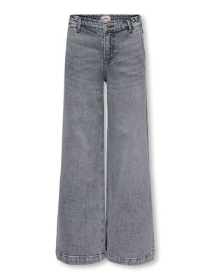 Grijze denim jeans met hoge taille en wijde pijpen, voorzien van knoop- en ritssluiting, lussen voor een riem en subtiele vervagingen.