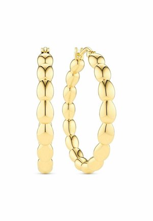 Guldörhängen med en rund pärldesign, polerad yta och en hänglåsknäpp. Ett örhänge visas upprätt.