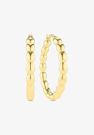 Guldörhängen med en rund pärldesign, polerad yta och en hänglåsknäpp. Ett örhänge visas upprätt.