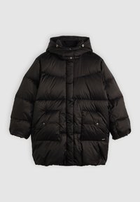 Black puffer jacket with a hood, featuring quilted sections, two front pockets with snap buttons, and a brand tag near the hem.