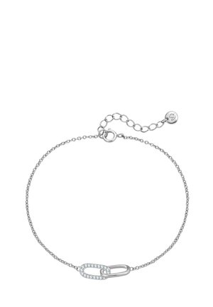 Bracciale in argento con un grande design a graffetta decorato con cristalli trasparenti. Include una chiusura regolabile per diverse lunghezze.