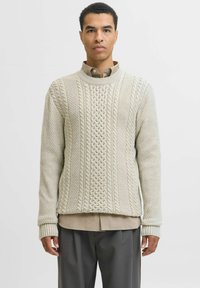 Pull en tricot beige clair avec des motifs en torsades et texturés, à manches longues et un col rond côtelé. Porté par-dessus une chemise à col.