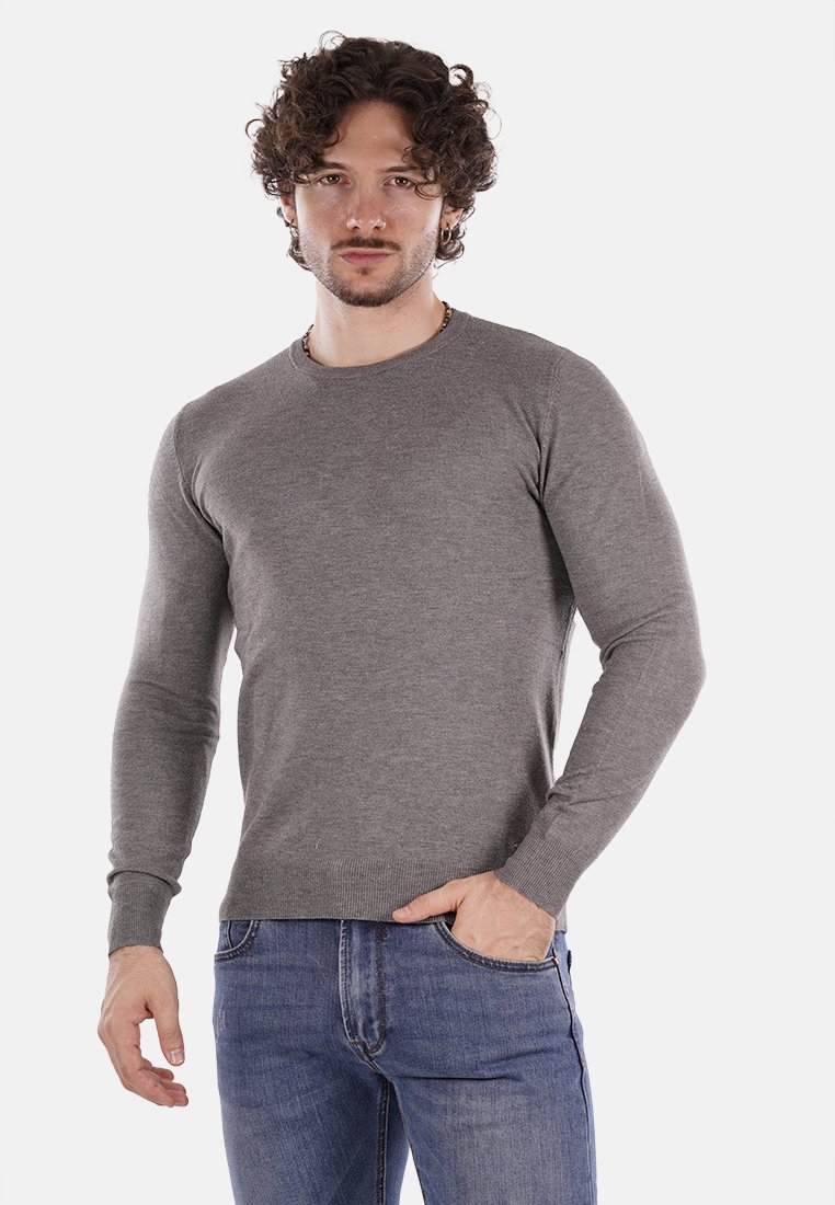 Maglione grigio in lana con maniche lunghe, scollo tondo e polsini a costine, abbinato a jeans blu. Tessuto uniforme, senza fantasie o dettagli.