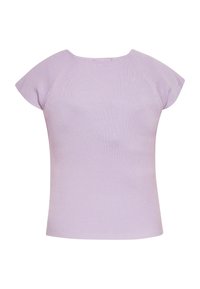Top lila cu țesătură răsucită, cu mâneci scurte tip capac. Are un design ajustat și o textură moale, punând în evidență o siluetă netedă și fără cusături.