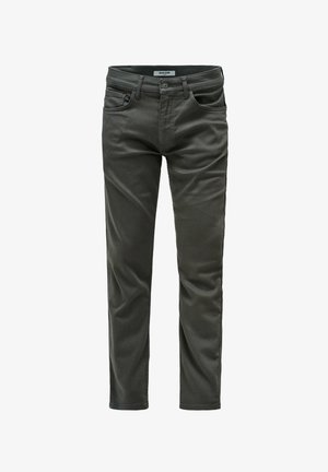 Donkergrijze slim-fit jeans met een vooraan knoop- en ritssluiting, riemlussen en een vijf-pocket ontwerp, weergegeven op een witte achtergrond.