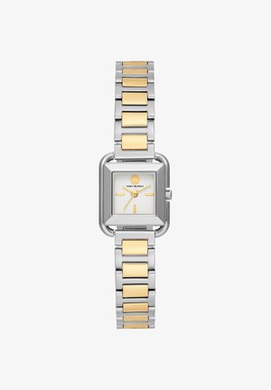 Square silver and gold wristwatch with two-tone metal link band, white dial, gold hands, and Tory Burch logo at 12 o’clock.