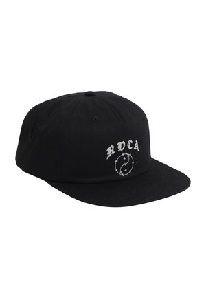 Čierna snapback čiapka z bavlny s rovnou šiltovkou, na prednej strane s bielym vyšívaným logom "RVCA" a kruhovým hviezdicovým motívom.