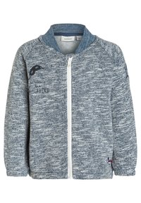 Giacca grigia in marl con zip, colletto a costine, tasche frontali e dettagli ricamati. Texture morbida con un design casual e sportivo.