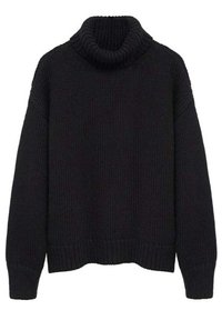 Czarny dziany sweter z wysokim golfem, ściągaczami na mankietach i dole oraz teksturowanym, grubym splotem. Brak widocznych logo lub wzorów.