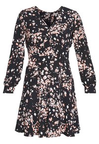 Svart klänning med långa ärmar, prydd med ett stänkblommönster i rosa och vitt. Tyget är mjukt, med en figursydd liv och utsvängd kjol.