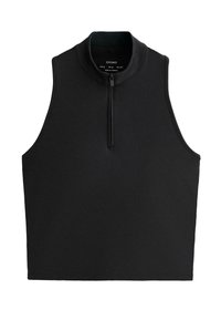 Top nero senza maniche con collo alto e una breve cerniera frontale, etichettato con marca e taglia all'interno del collo.