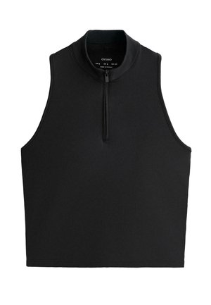 Sort ærmeløs top med høj krave og kort lynlås foran, mærket med mærke og størrelse inde i kraven.