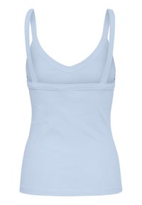Débardeur à côtes bleu clair avec un décolleté en V et de fines bretelles réglables. Texture lisse, coupe ajustée et design simple.