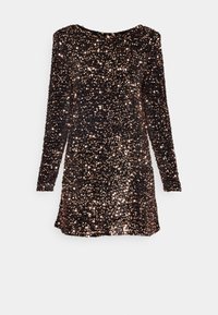 Fekete ruha, bronzszínű flitterekkel borítva, hosszú ujjak, kerek nyak, enyhén bővülő fazon, sima textúra és fényes felület.