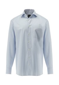 Helleblaue Button-Up-Hemd mit karierter Musterung, langen Ärmeln, einer einzelnen Tasche auf der linken Brust und weißen Knöpfen entlang der vorderen Leiste.