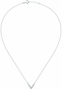 Silberne Kettenhalskette mit einem zarten Design, das eine zentrale V-Form zeigt, die mit unterschiedlich großen kugelförmigen Perlen verziert ist.