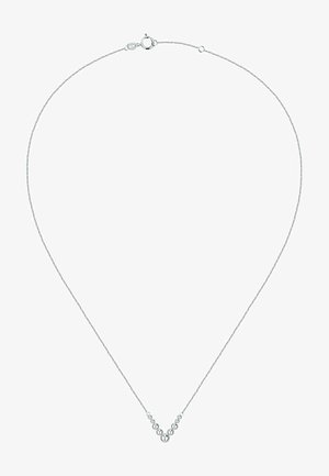 Sølv kædedesign med en delikat udformning, der har en central V-form prydet med kugler i forskellige størrelser.