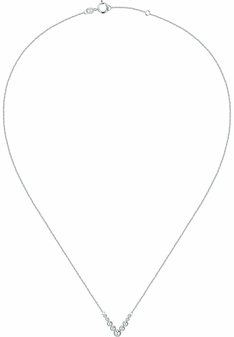 Silberne Kettenhalskette mit einem zarten Design, das eine zentrale V-Form zeigt, die mit unterschiedlich großen kugelförmigen Perlen verziert ist.