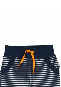 Mörkblå och vita randiga byxor med elastisk midja, som har en orange dragkedja och sidofickor. Tillverkade av bomull.