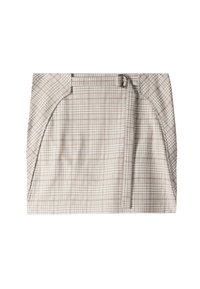 Gonna a scacchi beige con un design aderente, dettagli laterali e una cintura. Realizzata in tessuto strutturato con un delicato motivo a quadri.