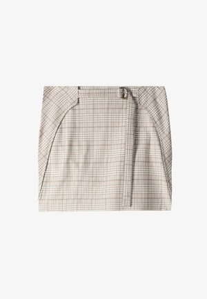 Gonna a scacchi beige con un design aderente, dettagli laterali e una cintura. Realizzata in tessuto strutturato con un delicato motivo a quadri.