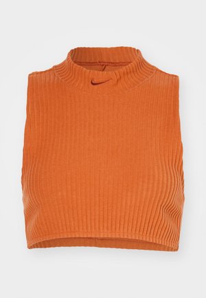 Oransje, ribbet, ermeløs crop topp med høy hals og subtilt Nike-logo på den øvre fronten, med et tettsittende design og teksturert stoff.