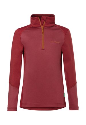 Maglione rosso a manica lunga con cerniera a quartino e collo alto, con logo Vaude sul petto e cerniera arancione a contrasto.
