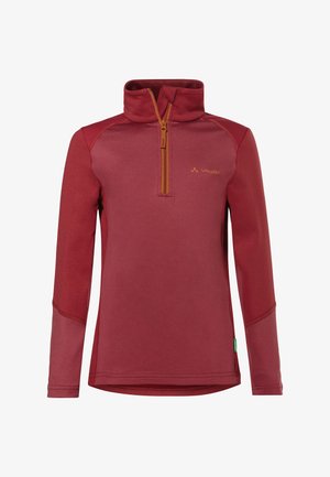 Rode trui met lange mouwen, kwartrits en hoge kraag, met Vaude-logo op de borst en contrasterende oranje rits.