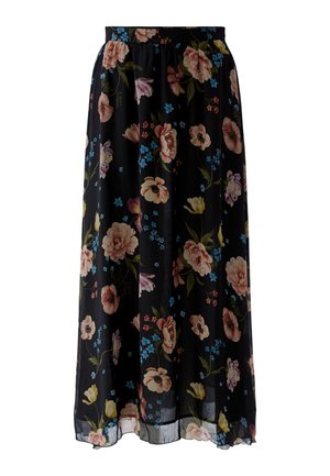 Jupe midi noire avec un imprimé floral coloré comprenant des fleurs roses, jaunes, violettes et bleues ainsi que des feuilles vertes.