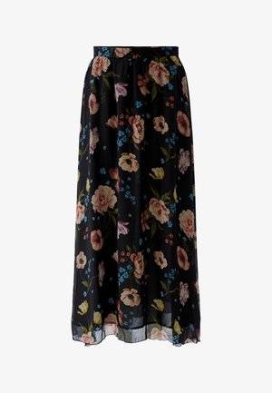 Black midi skirt with colorful floral print featuring pink, yellow, purple, and blue flowers and green leaves.